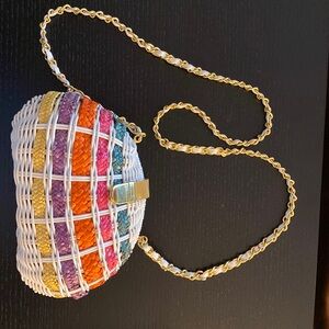 Vintage Rainbow Stripe White Wicker Woven Chain Strap Basket Purse Bag